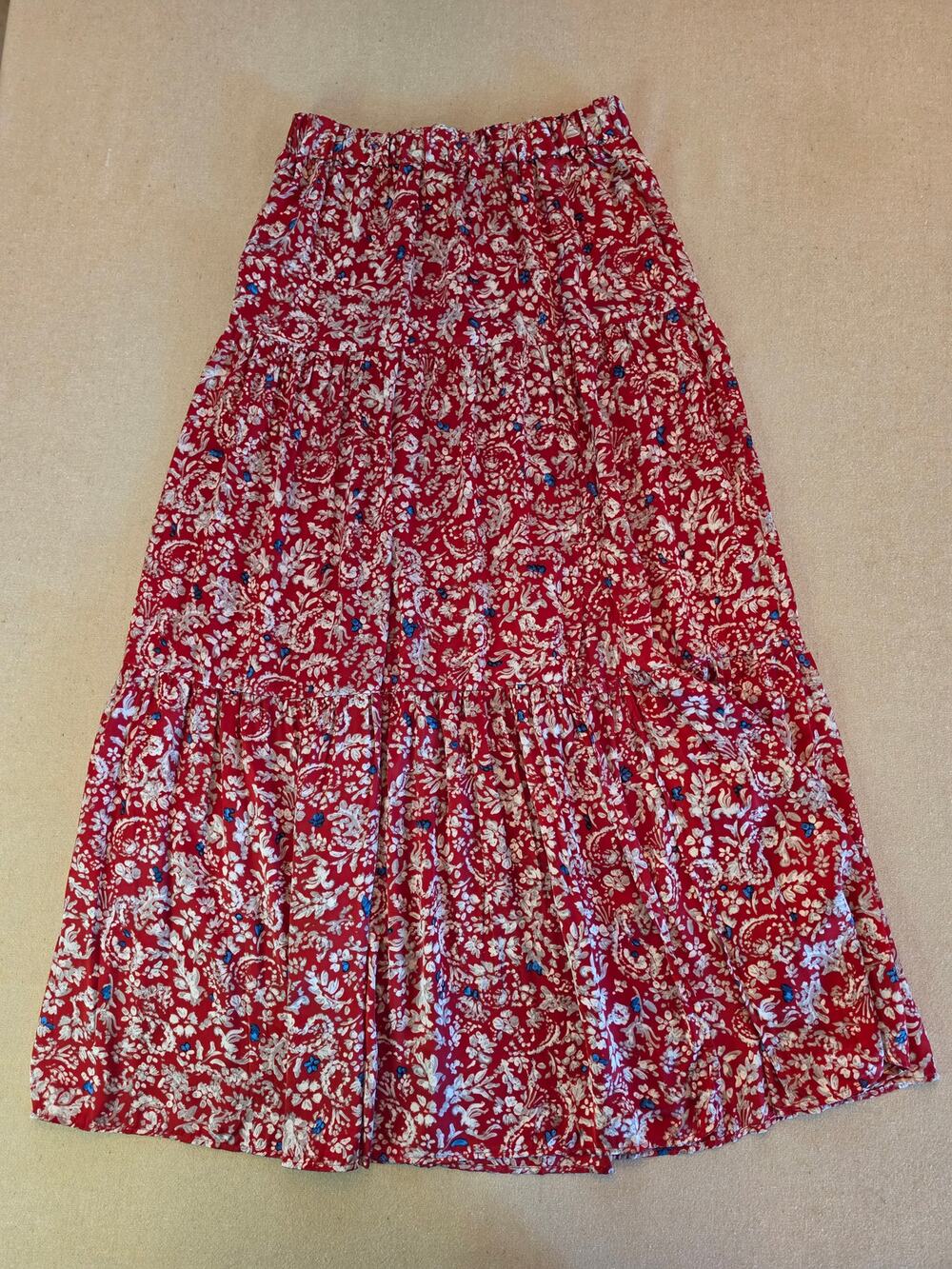 Zara Red Floral Ruffled Maxi Skirt with Front Slit Sz XS
